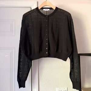 RE/DONE black semi sheer button up boxy cropped long sleeve cardigan sweater top